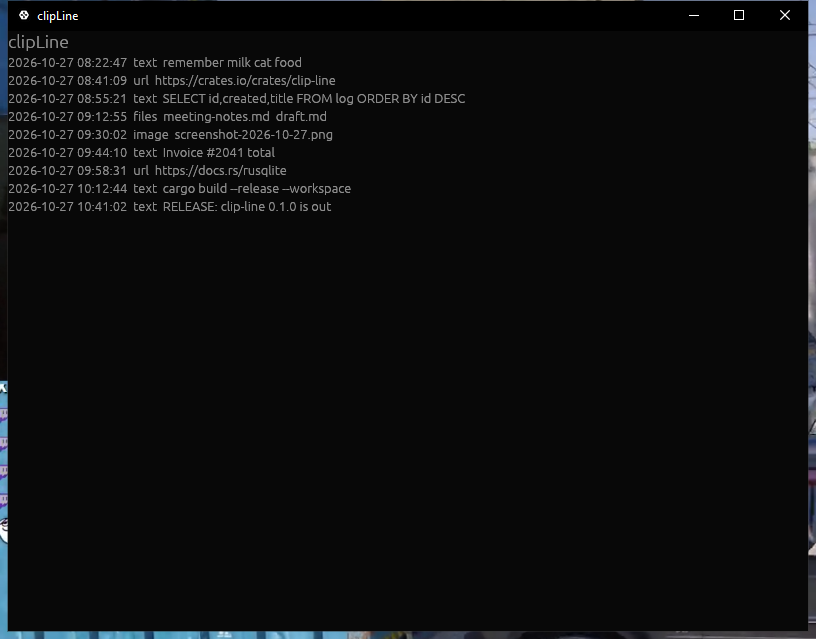 clipLine main window showing clipboard history with types, timestamps and source apps